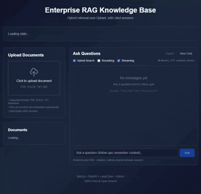 Demo recording: Uploading documents to a local knowledge base, then asking questions and watching cited answers stream in